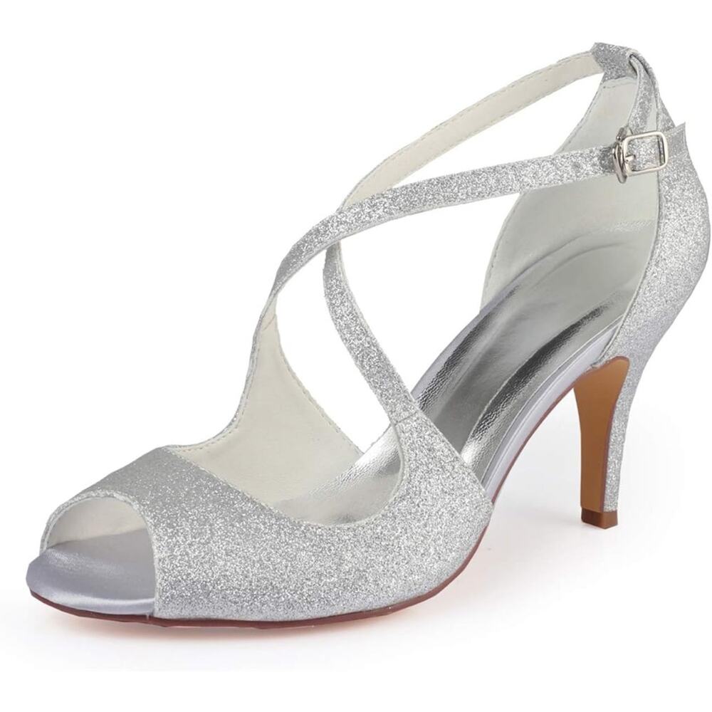 Emily Bridal Wedding Shoes High Heel Pump Cross Front Ankle Strap Bridal Shoes 7